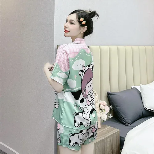 Đồ bộ mặc nhà quần đùi áo tay ngắn cổ bẻ hoạ tiết dể thương