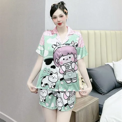 Đồ bộ mặc nhà quần đùi áo tay ngắn cổ bẻ hoạ tiết dể thương