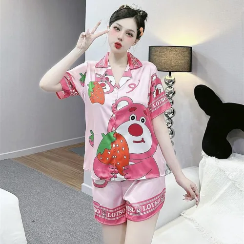 Đồ bộ mặc nhà quần đùi áo tay ngắn cổ bẻ hoạ tiết dể thương