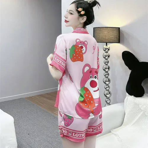 Đồ bộ mặc nhà quần đùi áo tay ngắn cổ bẻ hoạ tiết dể thương