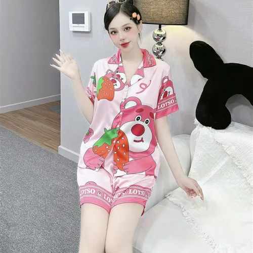 Đồ bộ mặc nhà quần đùi áo tay ngắn cổ bẻ hoạ tiết dể thương