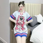 Đồ bộ mặc nhà quần đùi áo tay ngắn cổ bẻ hoạ tiết dể thương