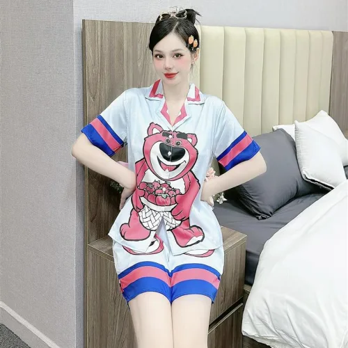 Đồ bộ mặc nhà quần đùi áo tay ngắn cổ bẻ hoạ tiết dể thương