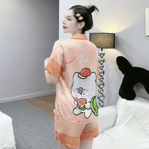 Đồ bộ mặc nhà quần đùi áo tay ngắn cổ bẻ hoạ tiết dể thương