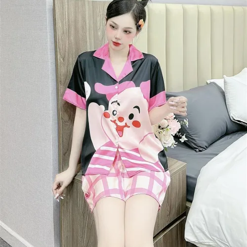 Đồ bộ mặc nhà quần đùi áo tay ngắn cổ bẻ hoạ tiết dể thương