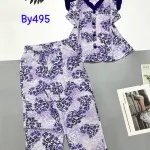Đồ bộ mango áo sát nách bèo cổ chữ v in hoạ tiết