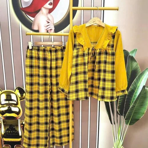 Đồ bộ mango quần dài áo tay dài cổ V bèo caro