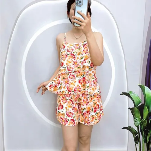 Đồ bộ mango quần đùi áo hai dây in hoạ tiết