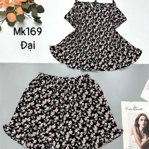 Đồ bộ mango quần đùi áo hai dây in hoạ tiết bông nhỏ