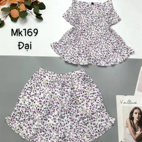 Đồ bộ mango quần đùi áo hai dây in hoạ tiết bông nhỏ