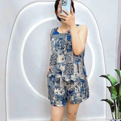 Đồ bộ mango quần đùi áo sát nách có nút