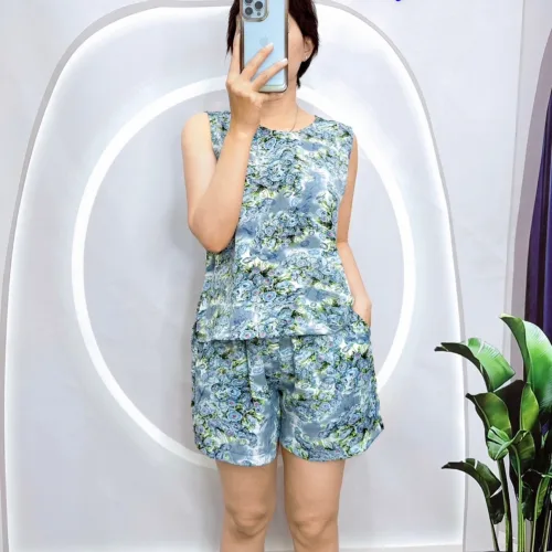 Đồ bộ mango quần đùi áo sát nách in hoạ tiết