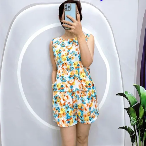 Đồ bộ mango quần đùi áo sát nách in hoạ tiết