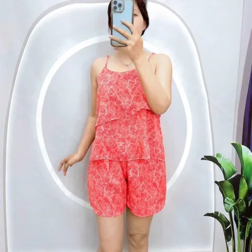 Đồ bộ mango siêu mát quần đùi áo hai dây tầng in hoạ tiết