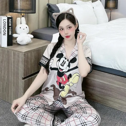 Đồ bộ pijama latin quần dài áo tay ngắn cổ bẻ in hình dể thương