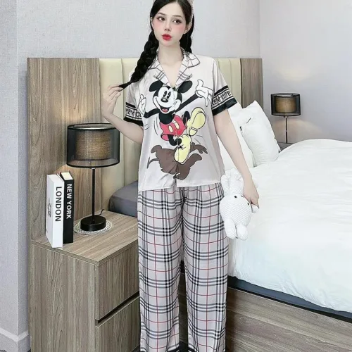 Đồ bộ pijama latin quần dài áo tay ngắn cổ bẻ in hình dể thương