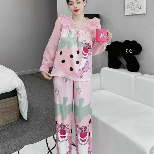 Đồ bộ pijama quần dài áo tay dài bèo cổ ren in họa tiết