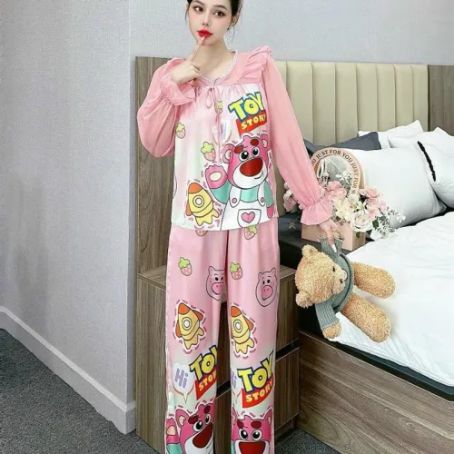 Đồ bộ pijama quần dài áo tay dài bèo cổ ren in họa tiết
