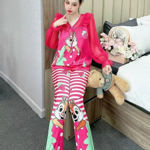 Đồ bộ pijama quần dài áo tay dài bèo cổ ren in họa tiết