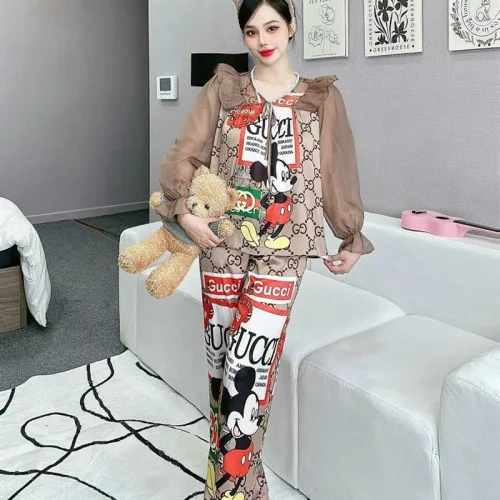 Đồ bộ pijama quần dài áo tay dài bèo cổ ren in họa tiết