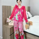 Đồ bộ pijama quần dài áo tay dài bèo cổ ren in họa tiết