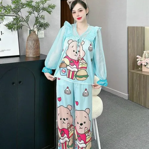 Đồ bộ pijama quần dài áo tay dài bèo cổ ren in họa tiết