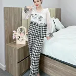 Đồ bộ pijama quần dài áo tay dài bèo cổ ren in họa tiết