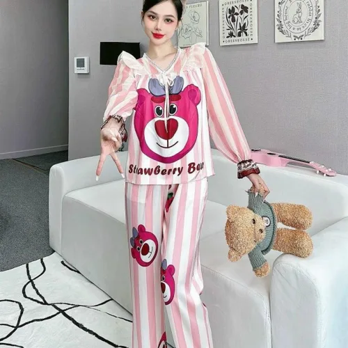 Đồ bộ pijama quần dài áo tay dài bèo cổ ren in họa tiết
