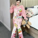 Đồ bộ pijama quần dài áo tay dài bèo cổ ren in họa tiết