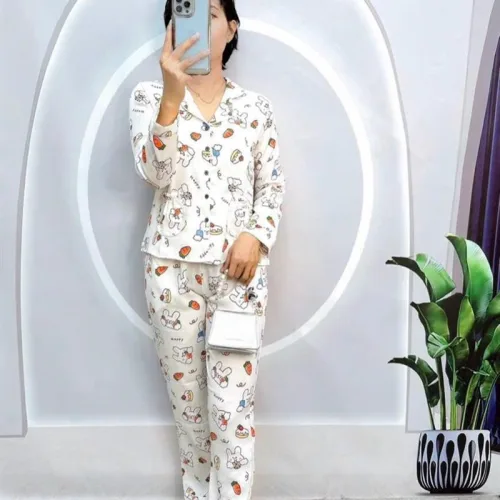 Đồ bộ pijama quần dài áo tay dài cổ bẻ hoạ tiết