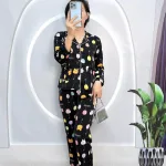 Đồ bộ pijama quần dài áo tay dài cổ bẻ hoạ tiết