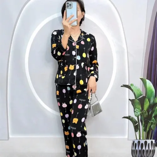 Đồ bộ pijama quần dài áo tay dài cổ bẻ hoạ tiết