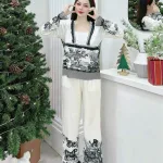 Đồ bộ pijama quần dài áo tay dài cổ vuông in hình