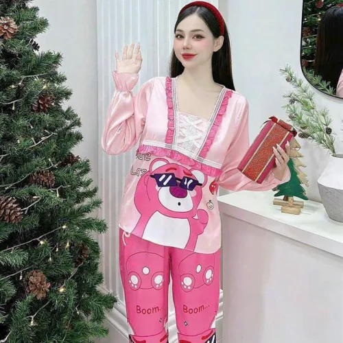Đồ bộ pijama quần dài áo tay dài cổ vuông in hình