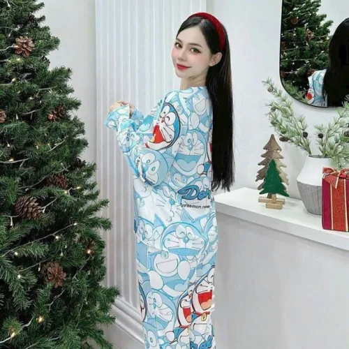Đồ bộ pijama quần dài áo tay dài cổ vuông in hình