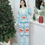 Đồ bộ pijama quần dài áo tay dài cổ vuông in hình