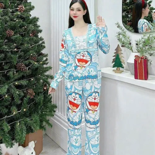 Đồ bộ pijama quần dài áo tay dài cổ vuông in hình