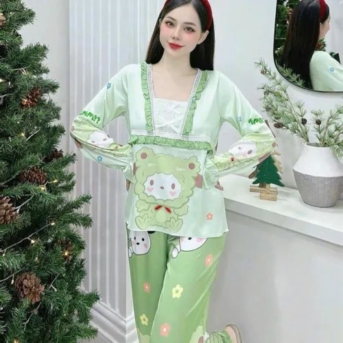 Đồ bộ pijama quần dài áo tay dài cổ vuông in hình