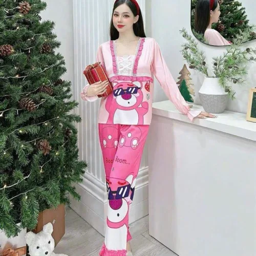 Đồ bộ pijama quần dài áo tay dài cổ vuông in hình