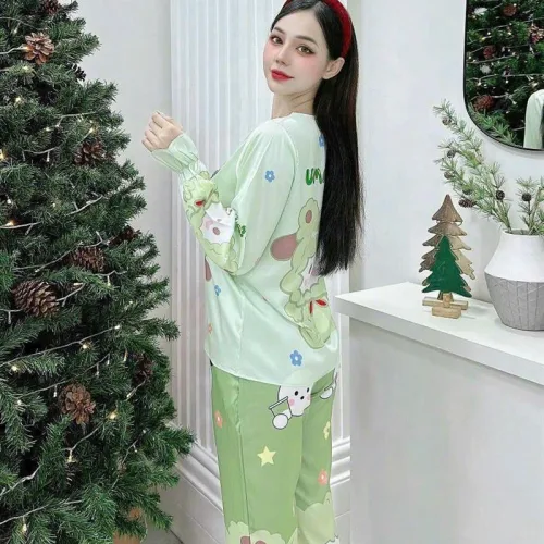 Đồ bộ pijama quần dài áo tay dài cổ vuông in hình