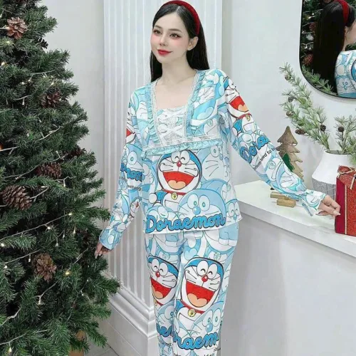 Đồ bộ pijama quần dài áo tay dài cổ vuông in hình