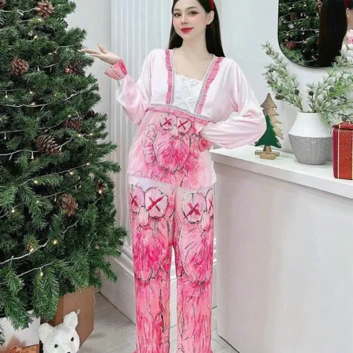 Đồ bộ pijama quần dài áo tay dài cổ vuông in hình