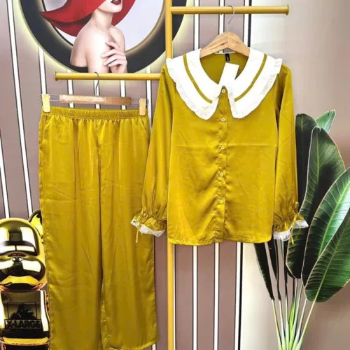 Đồ bộ pijama quần dài áo tay dài màu trơn cổ lá sen