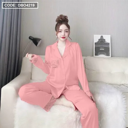 Đồ bộ pijama quần dài áo tay dài xước màu có túi phối ren