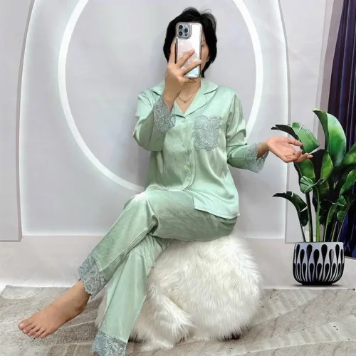 Đồ bộ pijama quần dài áo tay dài xước màu có túi phối ren