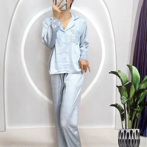 Đồ bộ pijama quần dài áo tay dài xước màu có túi phối ren