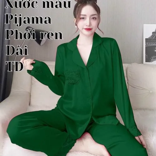 Đồ bộ pijama quần dài áo tay dài xước màu có túi phối ren