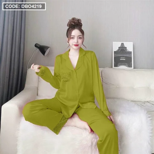 Đồ bộ pijama quần dài áo tay dài xước màu có túi phối ren