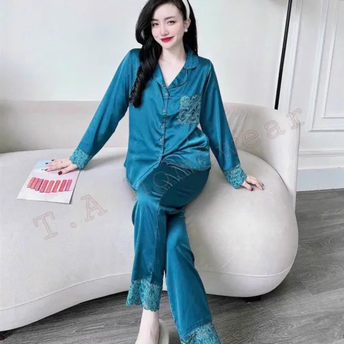 Đồ bộ pijama quần dài áo tay dài xước màu có túi phối ren
