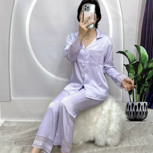Đồ bộ pijama quần dài áo tay dài xước màu có túi phối ren